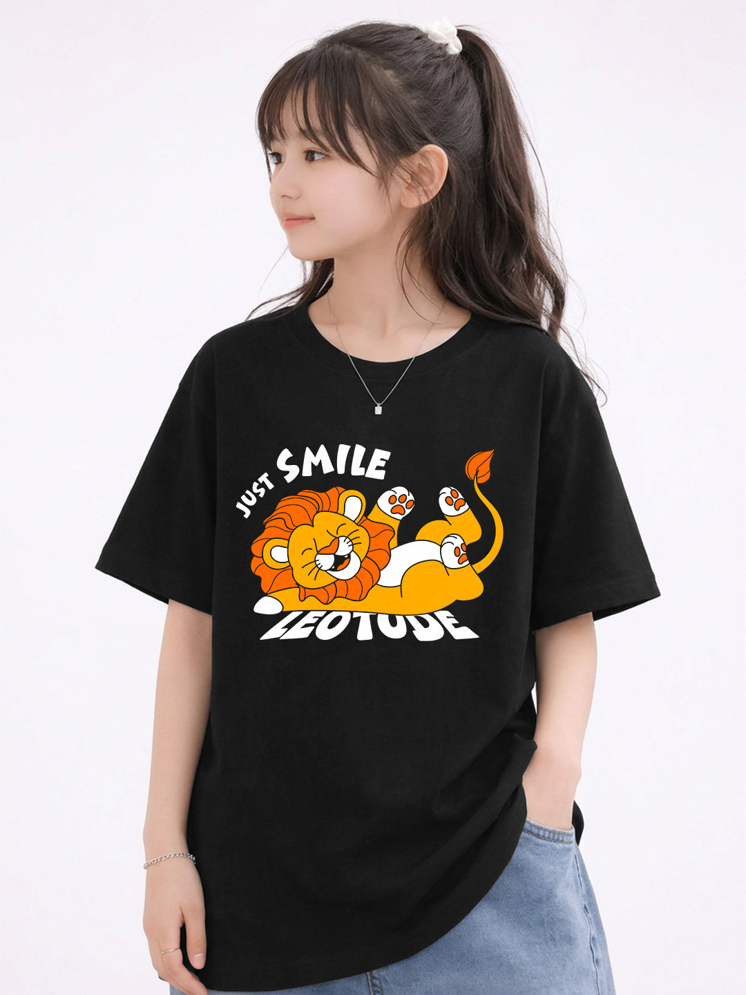 Leotude Girls' Black Just Smile Printed T-Shirt
