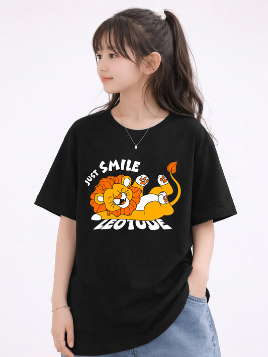 Leotude Girls' Black Just Smile Printed T-Shirt