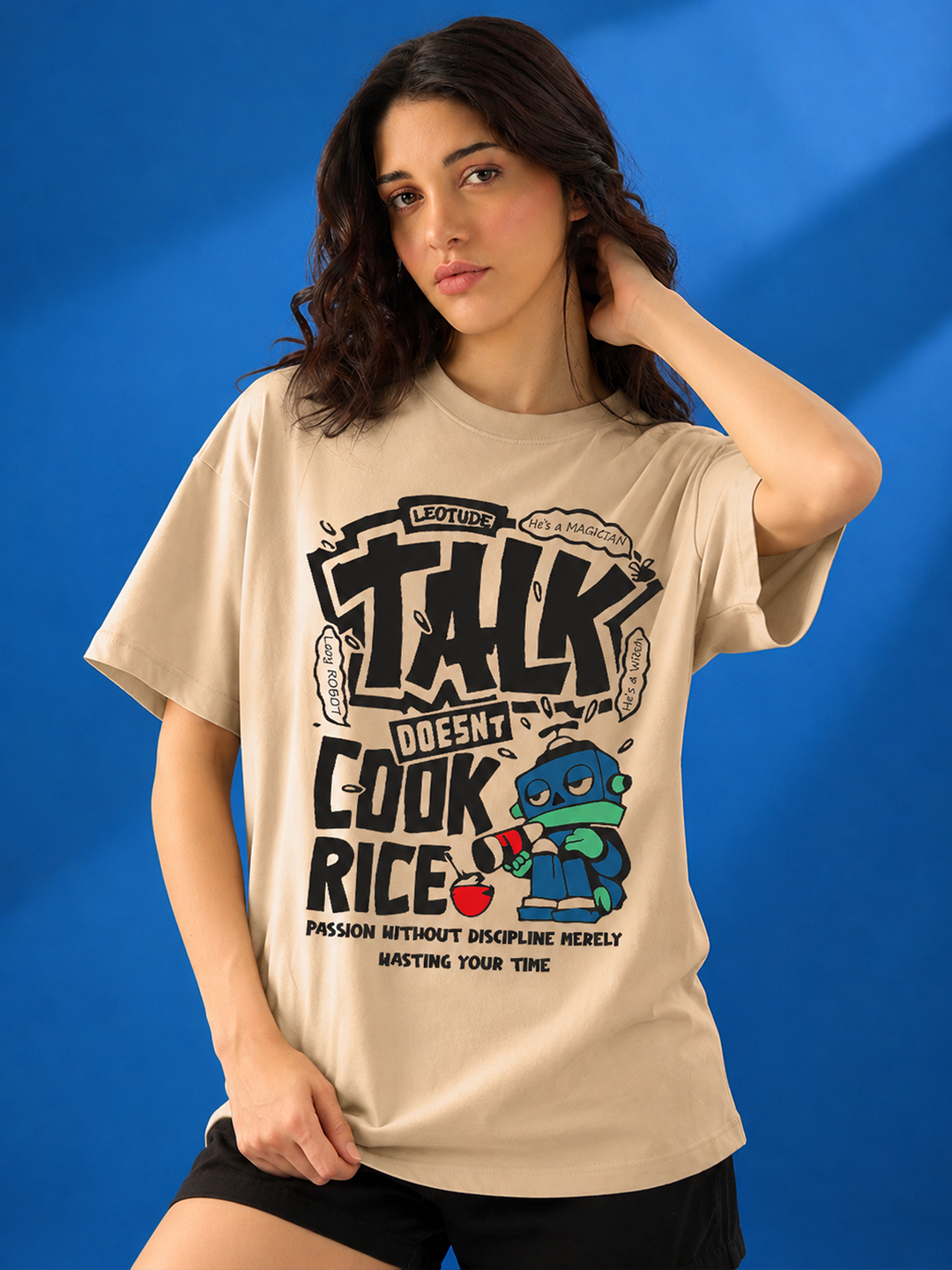 Leotude Beige Talk Printed Oversized Tshirt for Women