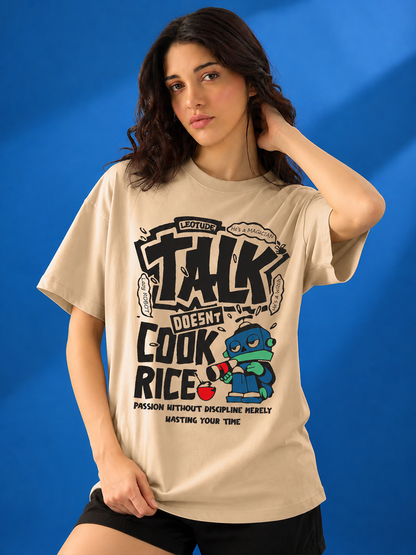 Leotude Beige Talk Printed Oversized Tshirt for Women