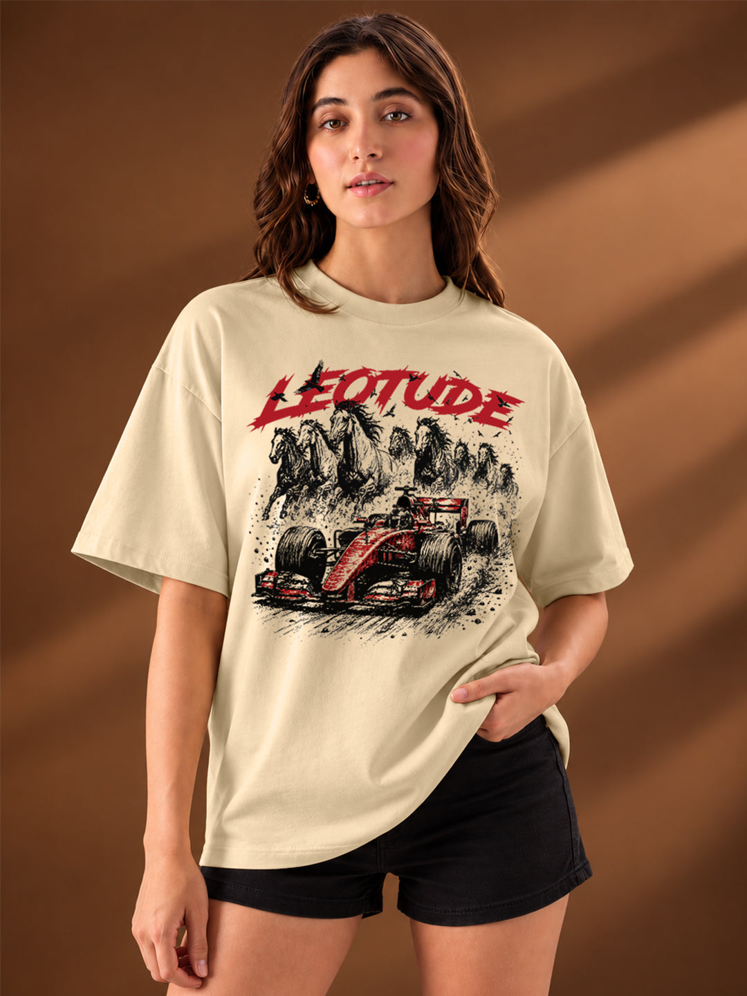 Leotude Women "Racing Stallions" Beige Oversized T-Shirt