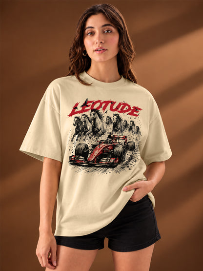 Leotude Women "Racing Stallions" Beige Oversized T-Shirt