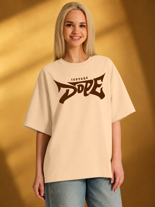 Leotude Beige Dope Printed Oversized Tshirt for Women