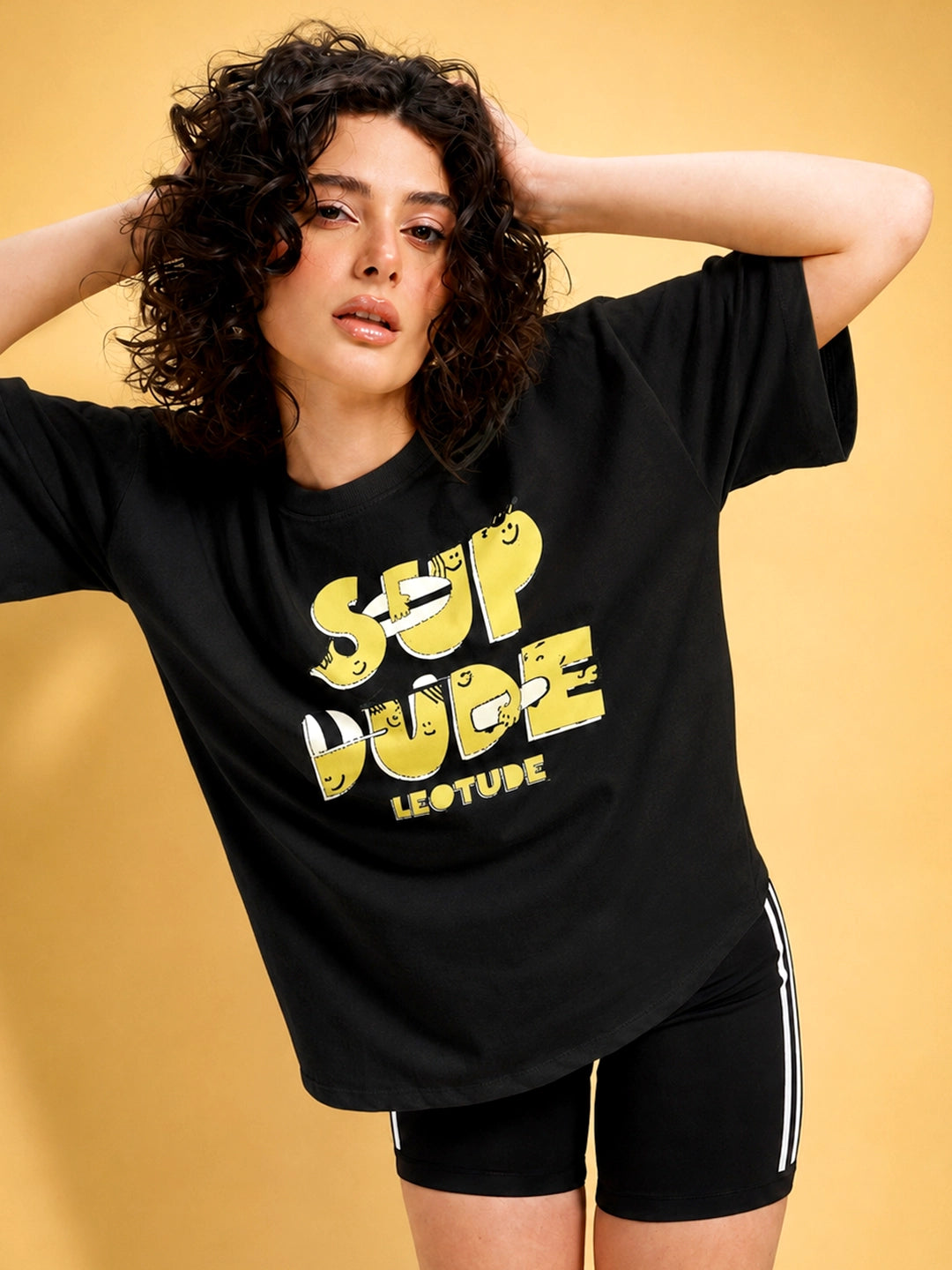 Leotude Black Sup Dude Printed Oversized Tshirt for Women