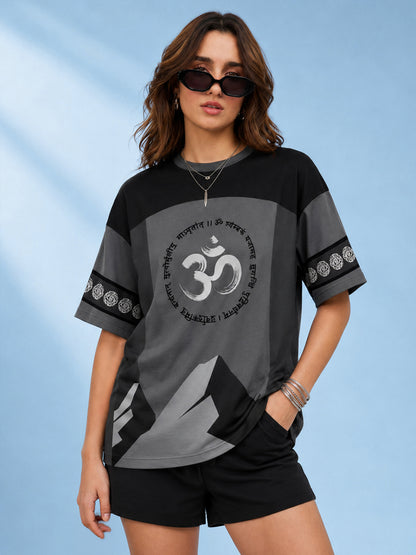 Leotude Women's Black Grey Mahadev Printed T-Shirt