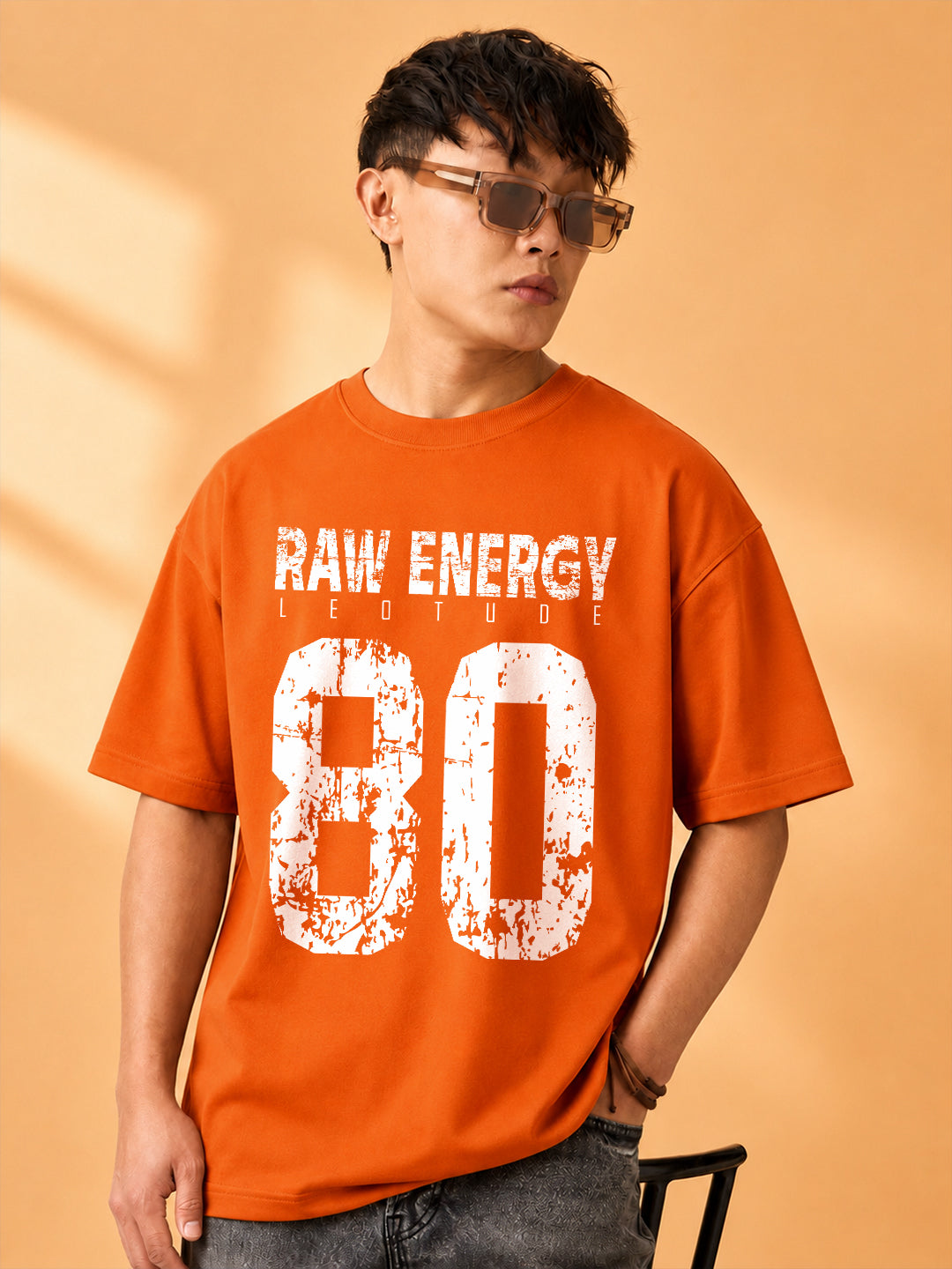 Leotude Men "Raw Energy 80" Orange Oversized T-Shirt