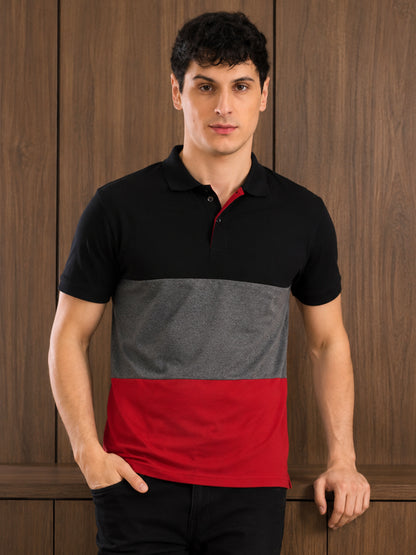 Leotude Men's Black Charcoal Red Colour Block Polo T-Shirt