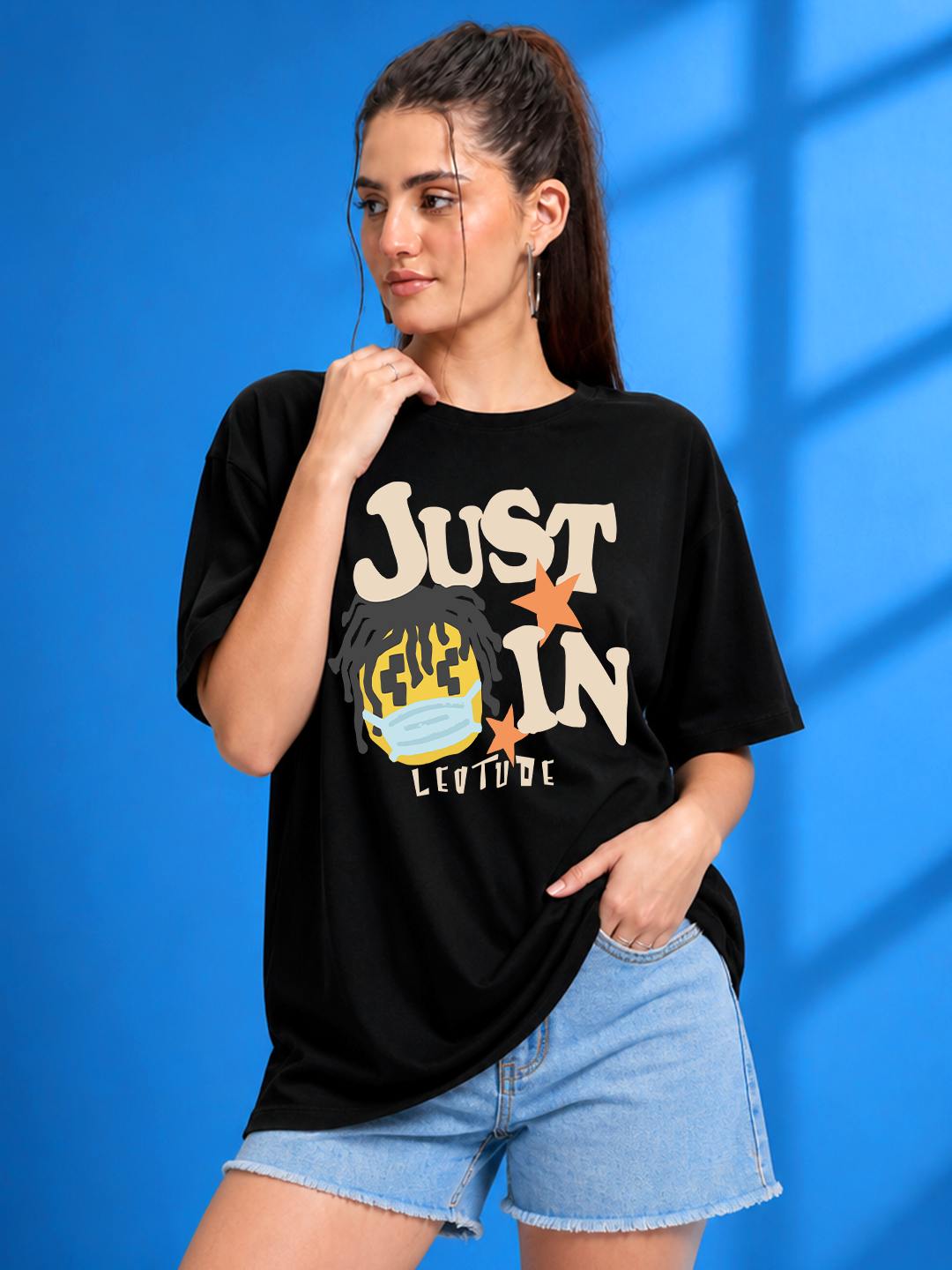 Leotude Black Just In Printed Oversized Tshirt for Women