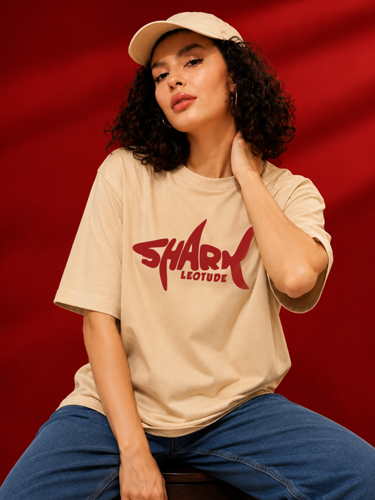Leotude Beige Shark Printed Oversized Tshirt for Women
