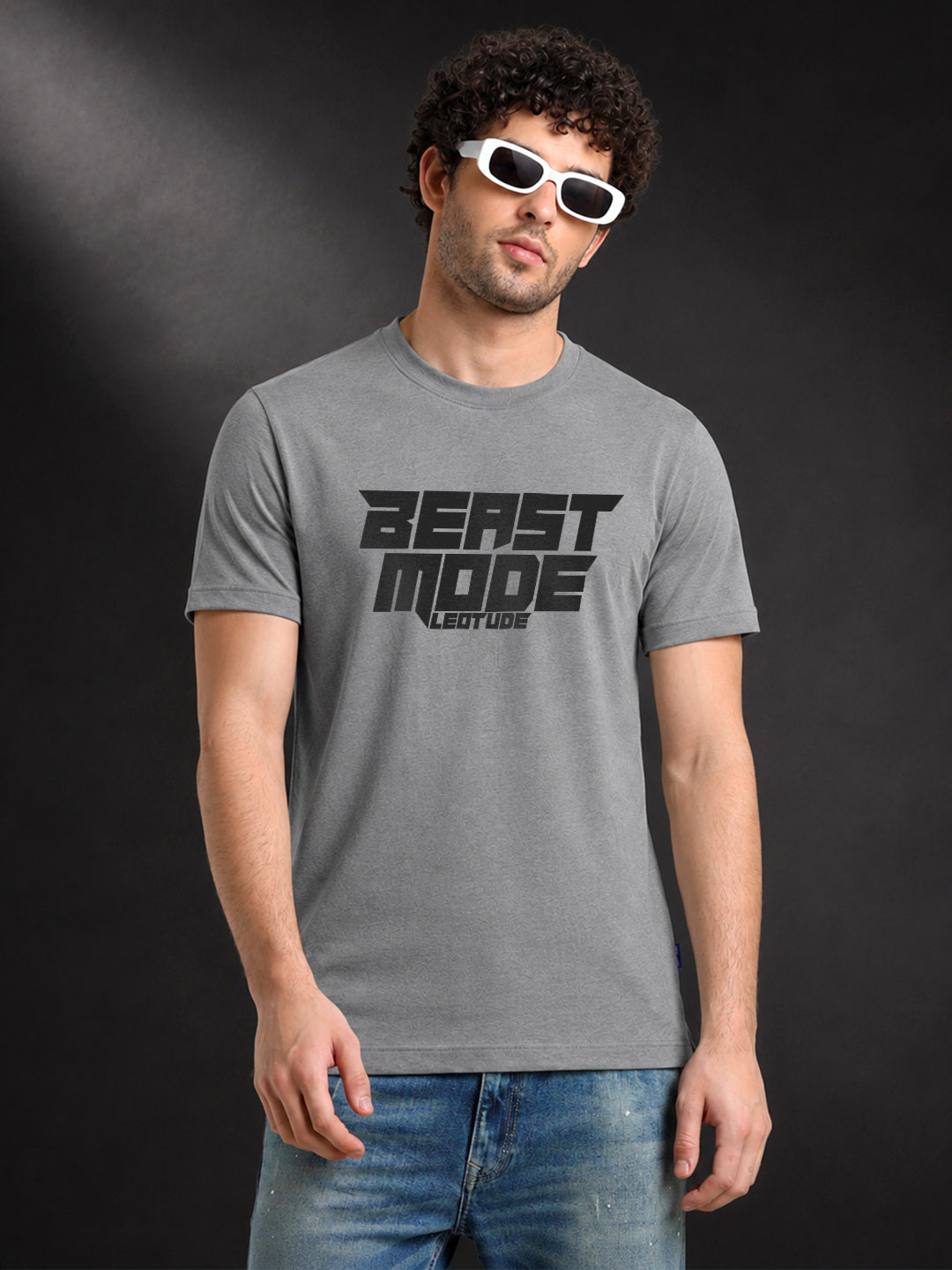 Leotude Grey Beast Mode Printed Regular Fit Tshirt for Men