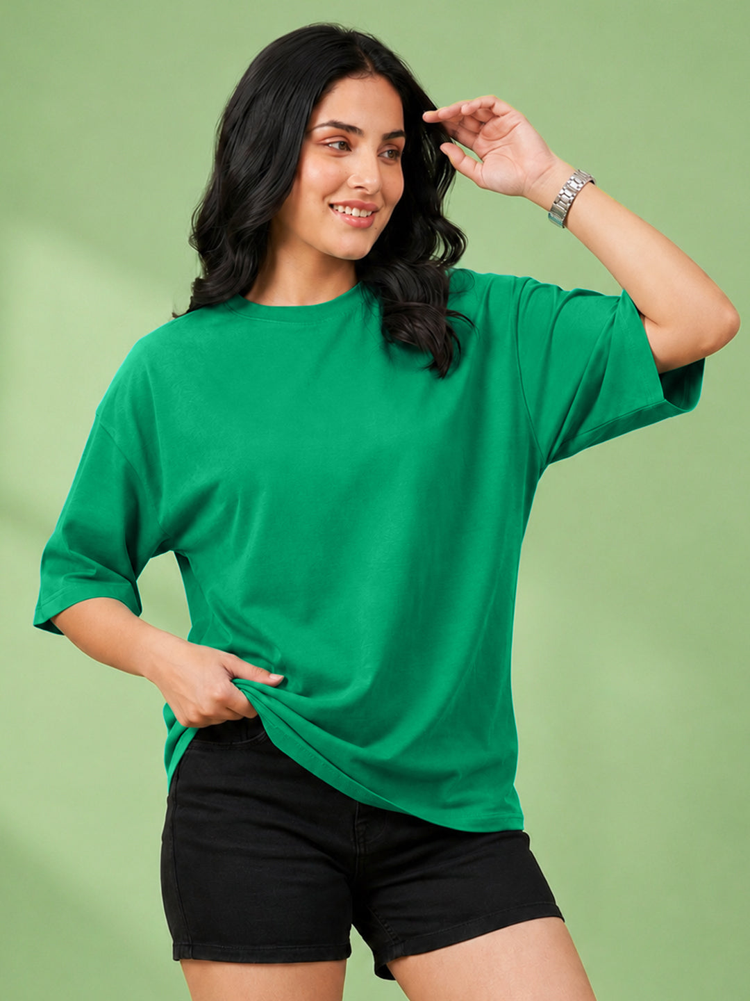 Leotude Oversized Plain T-Shirt — Women's Solid Cotton Drop-Shoulder Tee - Green