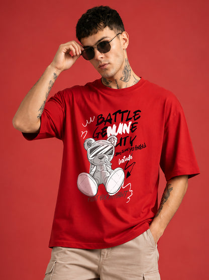Leotude Men "Battle Genuine" Red Oversized T-Shirt