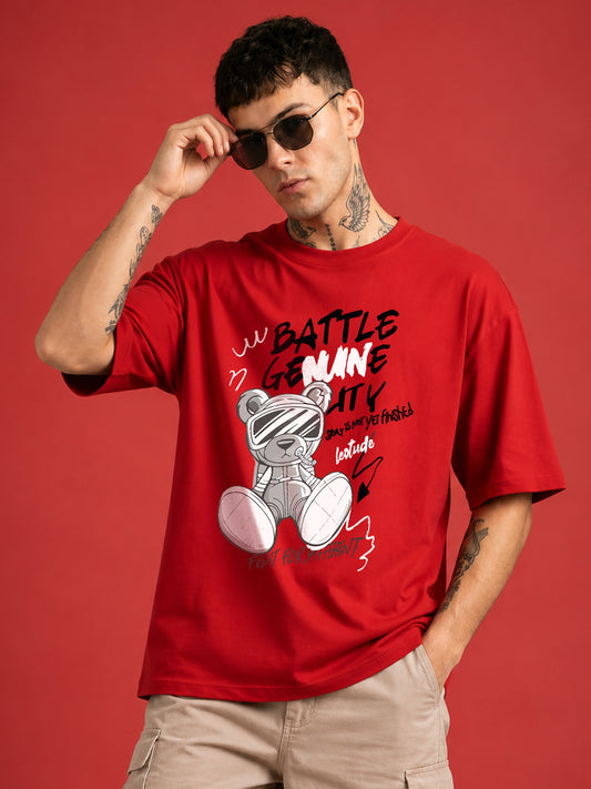 Leotude Men "Battle Genuine" Red Oversized T-Shirt