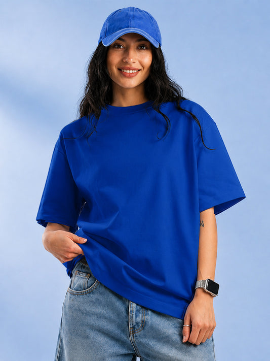 Leotude Oversized Plain T-Shirt — Women's Solid Cotton Drop-Shoulder Tee - Blue
