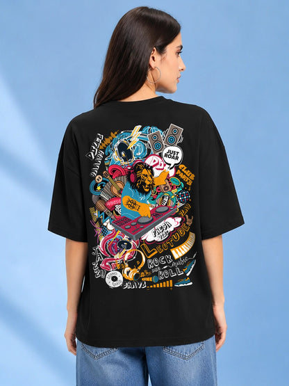 Leotude Black DJ Leo Printed Oversized Tshirt for Women