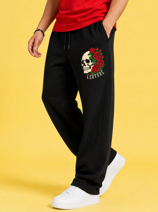 Leotude Men's Black Skull Rose Premium Trackpants