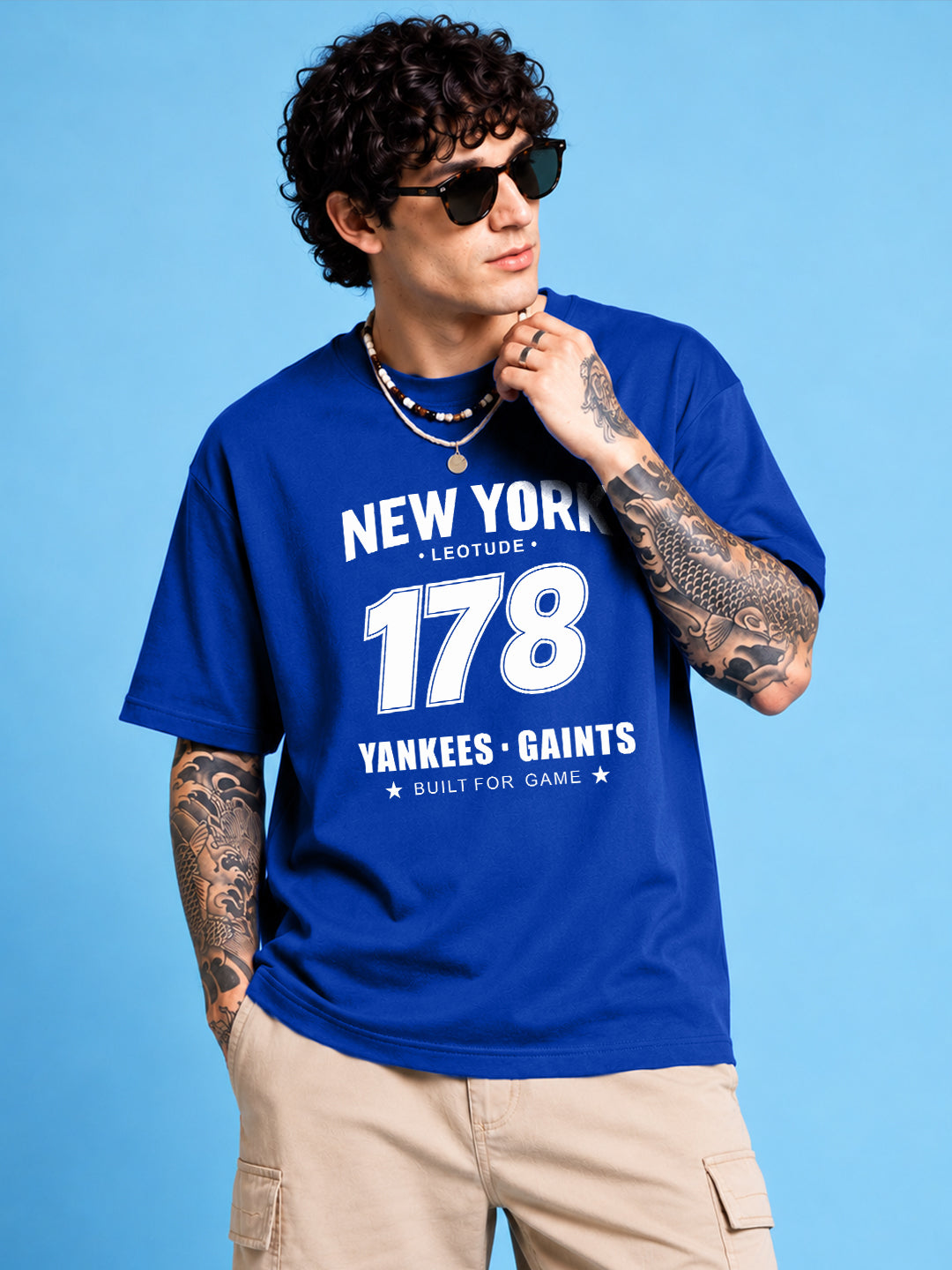 Leotude Men "New York 178" Printed Oversized T-Shirt — Royal Blue Varsity Tee