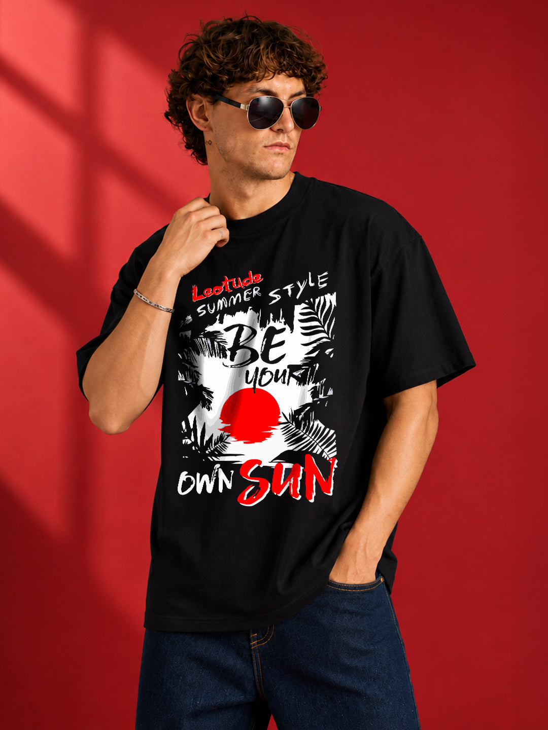 Leotude Men "Be Your Own Sun" Printed Oversized T-Shirt — Black Streetwear Tee