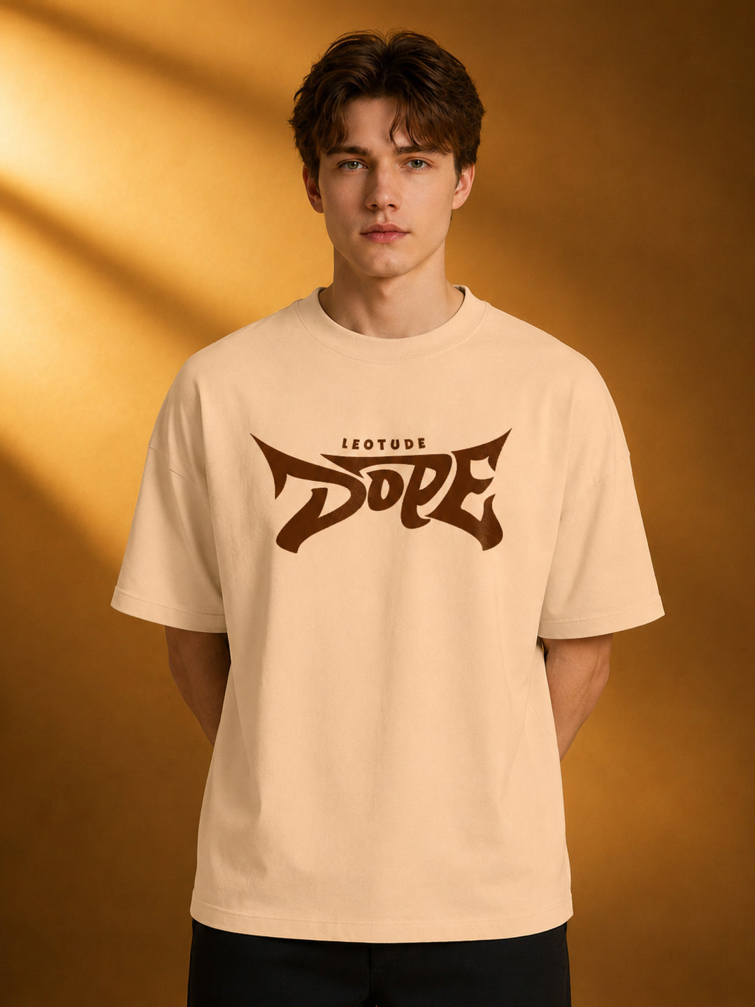 Leotude Men's Beige Dope Printed Oversized T-Shirt