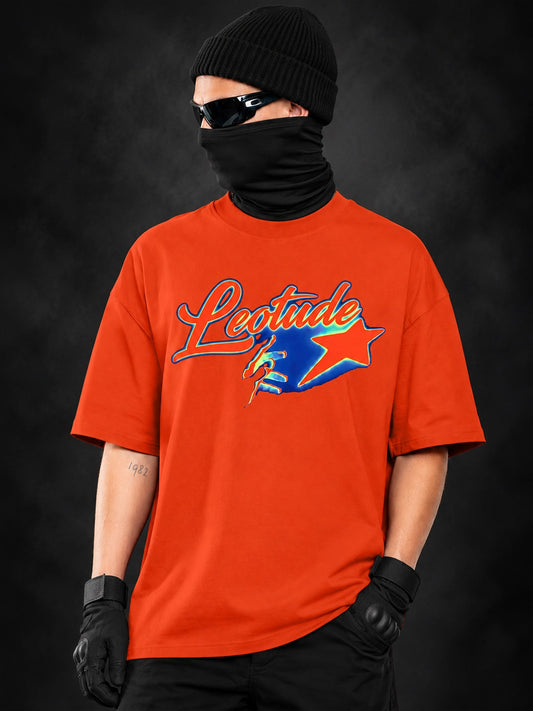 Leotude Men's Orange Signature Logo Elite oversized T-Shirt - front chrome script print
