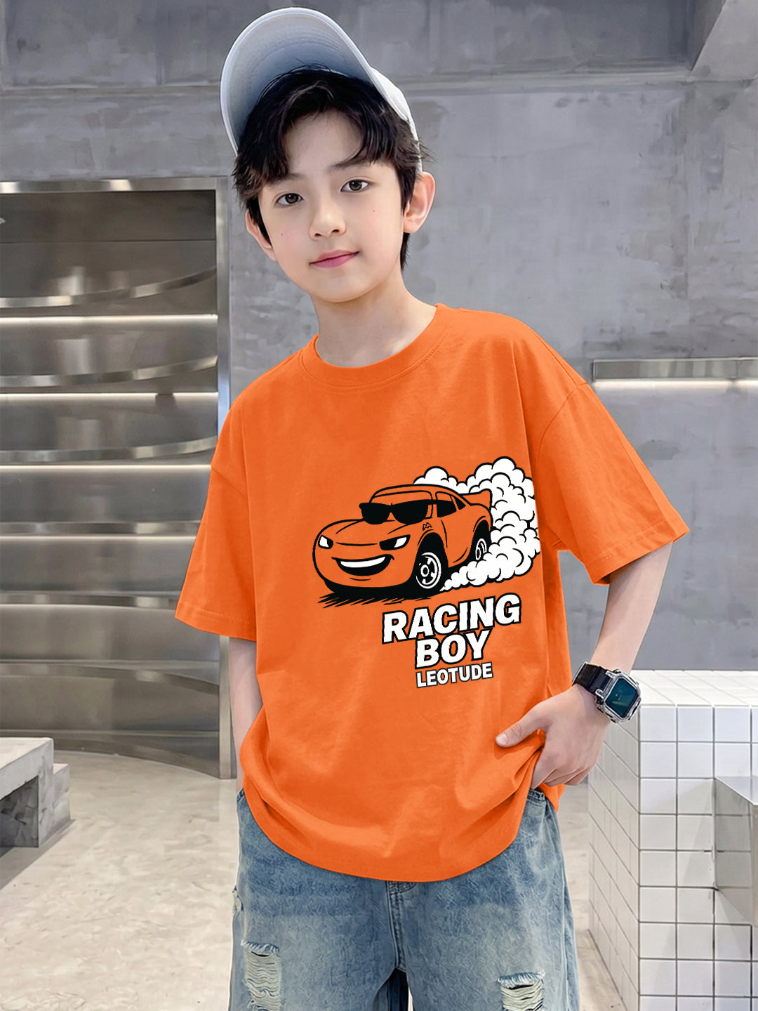 Leotude Boys' Orange Racing Boy Printed T-Shirt