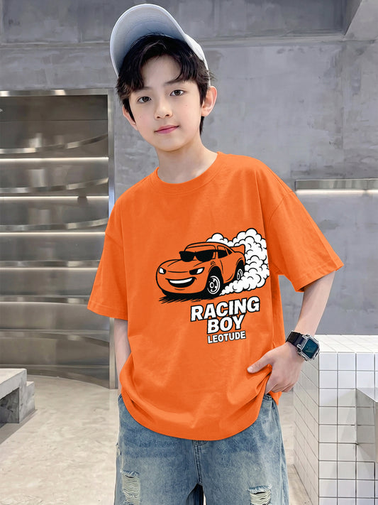 Leotude Boys' Orange Racing Boy Printed T-Shirt