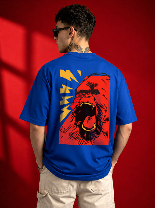 Leotude Men "Wild Roar" Printed Oversized T-Shirt — Royal Blue Streetwear Tee