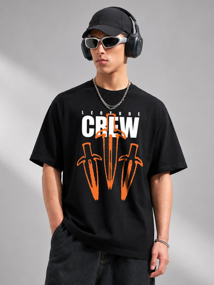 Leotude Men "Crew" Printed Oversized T-Shirt — Black Streetwear Tee
