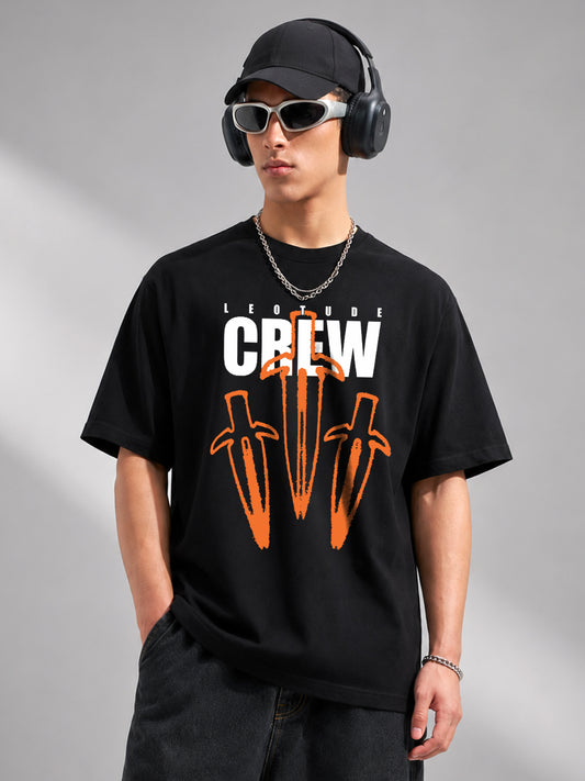 Leotude Men "Crew" Printed Oversized T-Shirt — Black Streetwear Tee