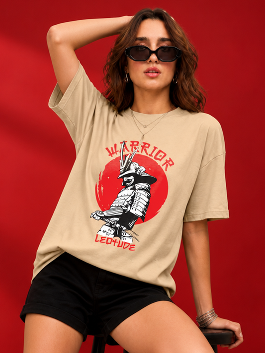 Leotude Beige Warrior Printed Oversized Tshirt for Women