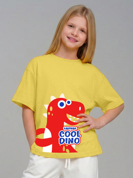 Leotude Girls' Yellow Cool Dino Printed T-Shirt