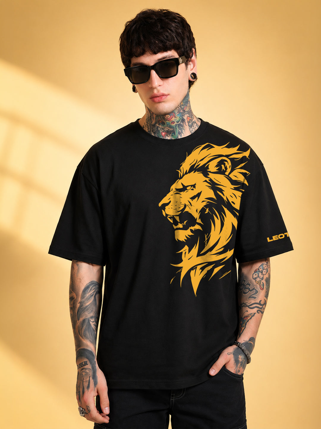 Leotude Men's "Lion" Printed Oversized T-Shirt — Black Streetwear Tee