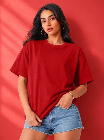 Leotude Oversized Plain T-Shirt — Women's Solid Cotton Drop-Shoulder Tee - Red