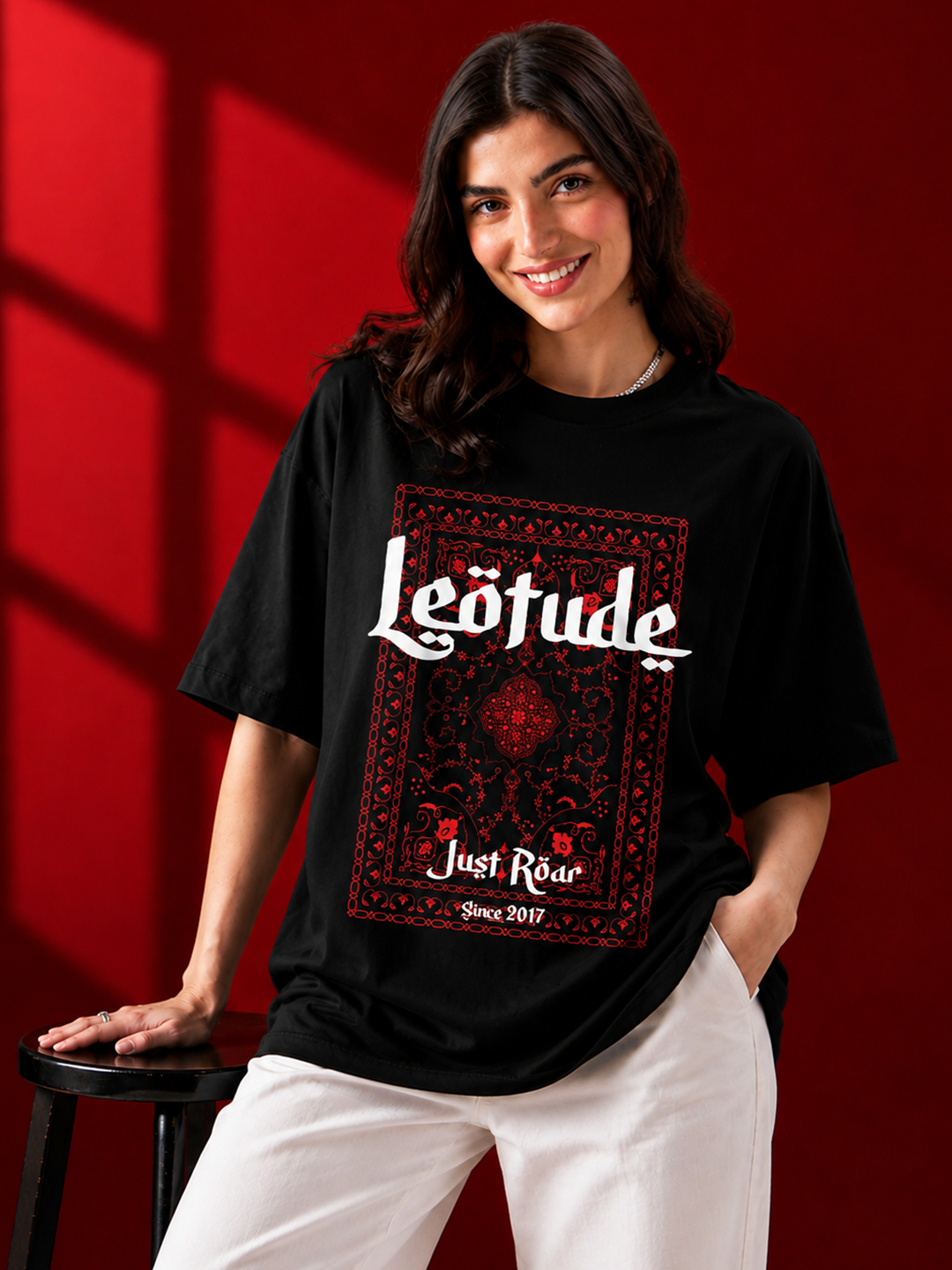 Leotude Black Arabic Printed Oversized Tshirt for Women