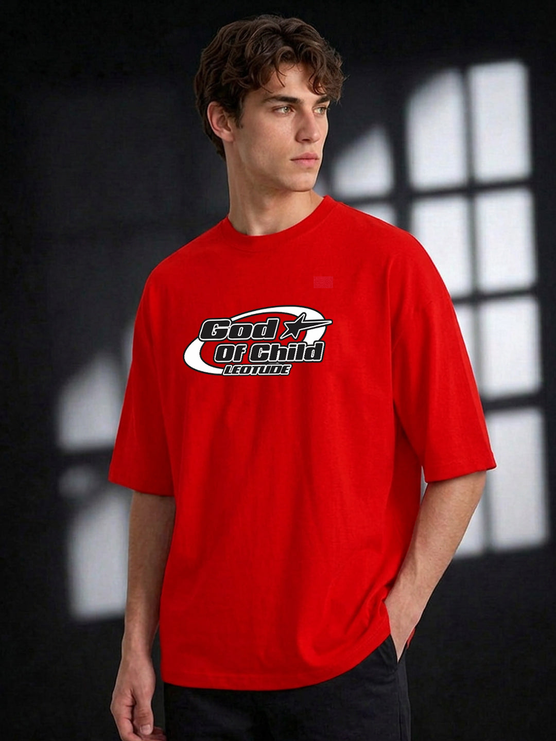 Leotude Men "God Of Child" Red Oversized T-Shirt