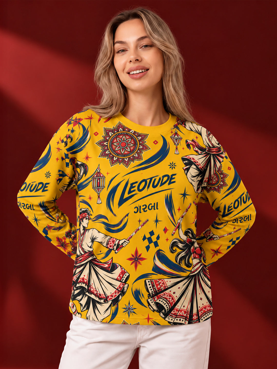 Leotude Women's Yellow Garba Print Oversized Full Sleeve T-Shirt