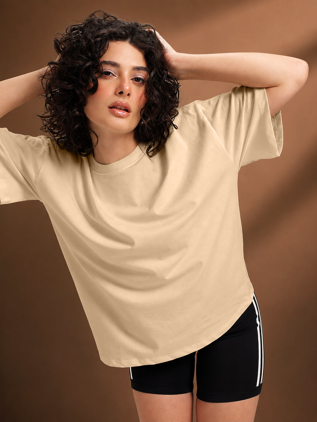 Leotude Oversized Plain T-Shirt — Women's Solid Cotton Drop-Shoulder Tee - Beige