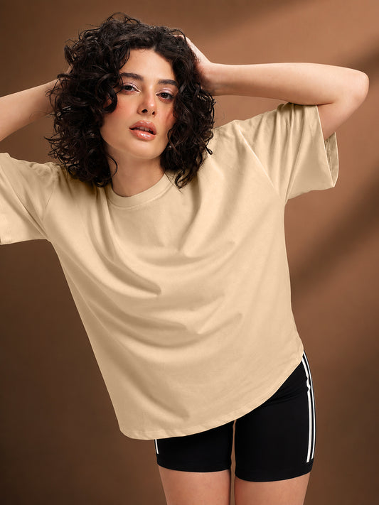 Leotude Oversized Plain T-Shirt — Women's Solid Cotton Drop-Shoulder Tee - Beige