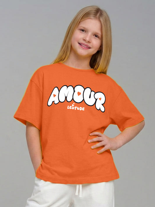 Leotude Girls' Orange Amour Printed T-Shirt
