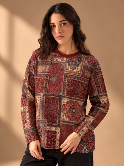 Leotude Women's Maroon Persian Patchwork Print Oversized Full Sleeve T-Shirt