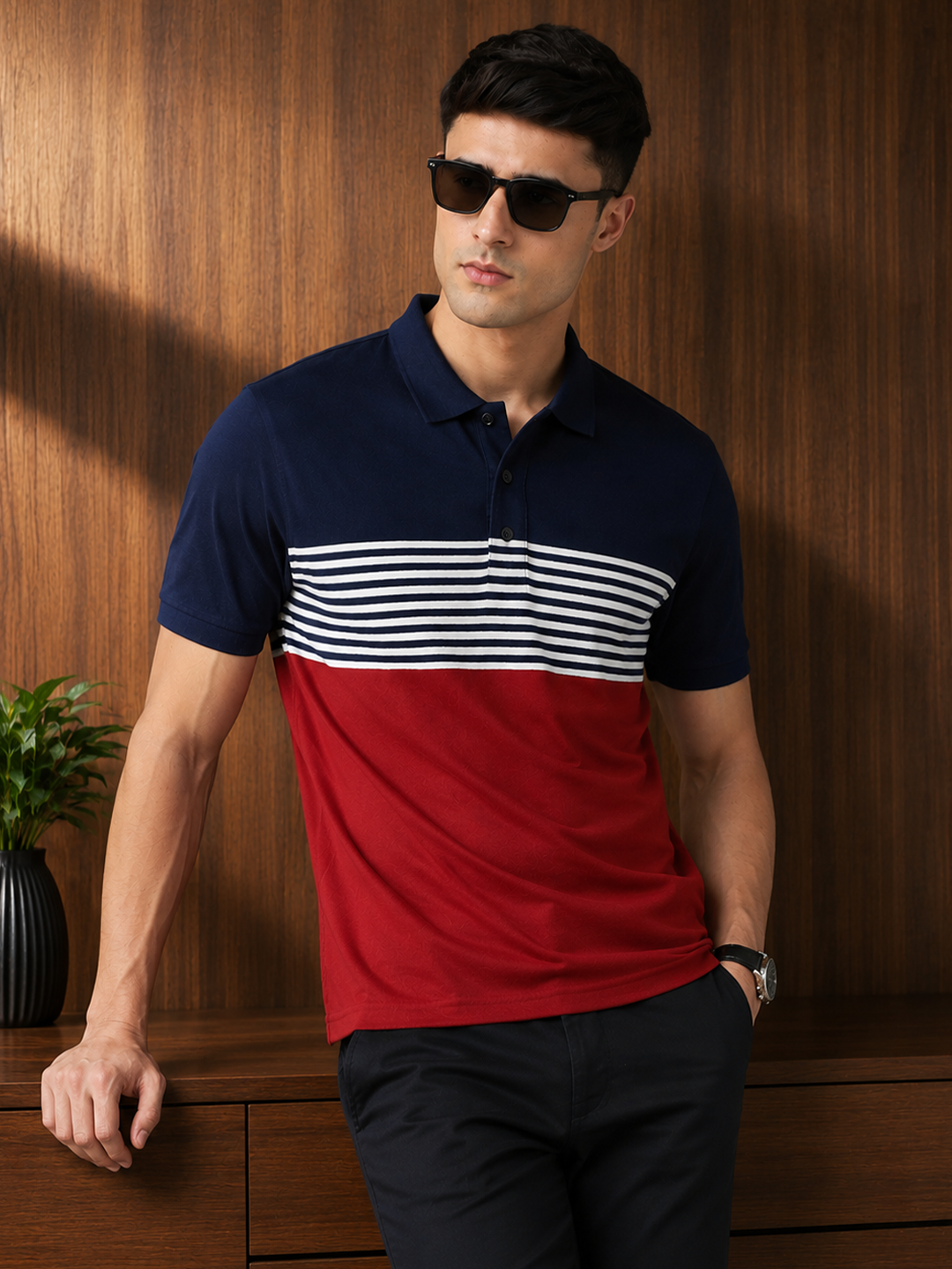Leotude Men's Navy Striped Panel Colour Block Polo T-Shirt