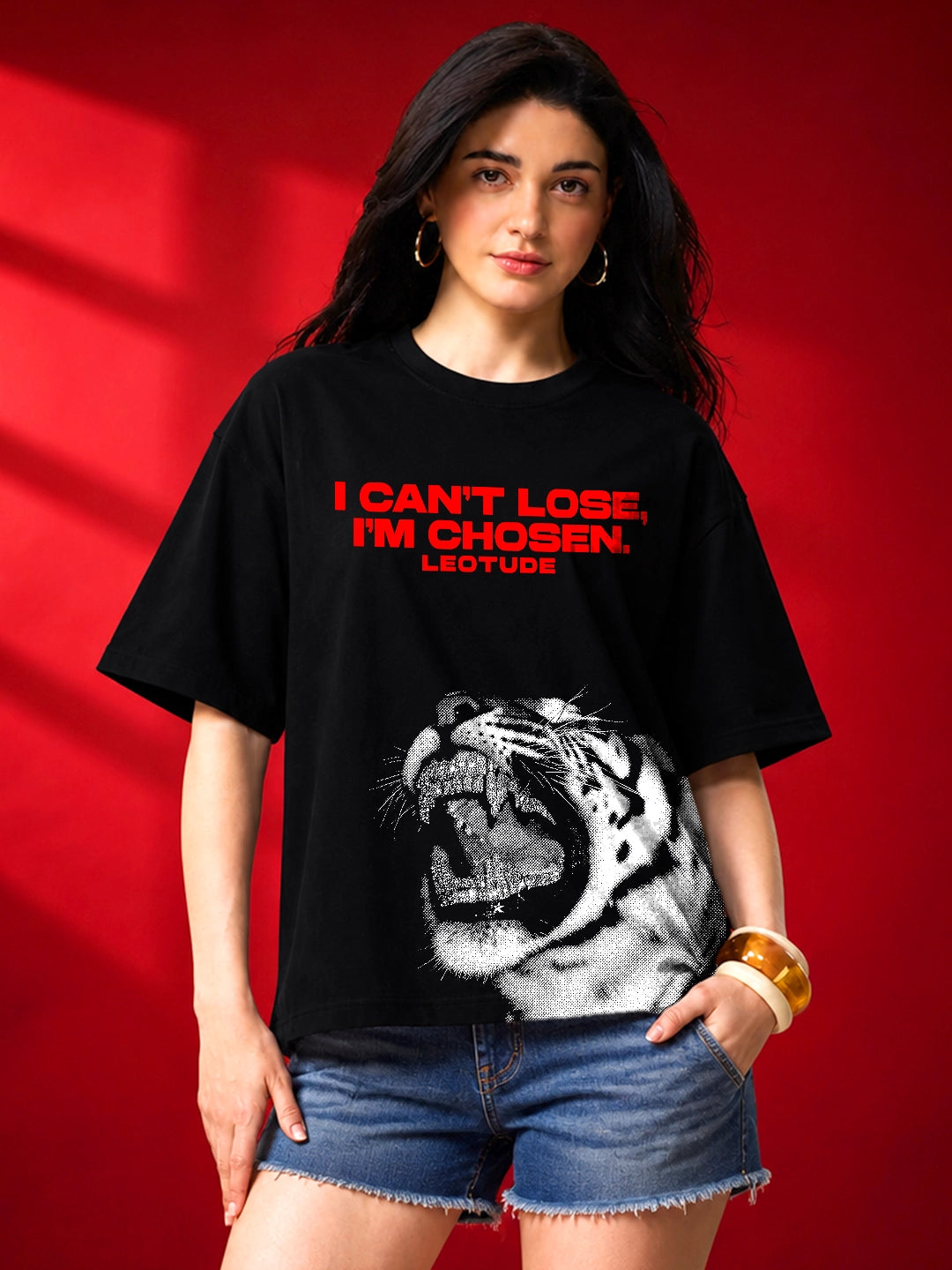 Leotude Black Chosen Printed Oversized Tshirt for Women