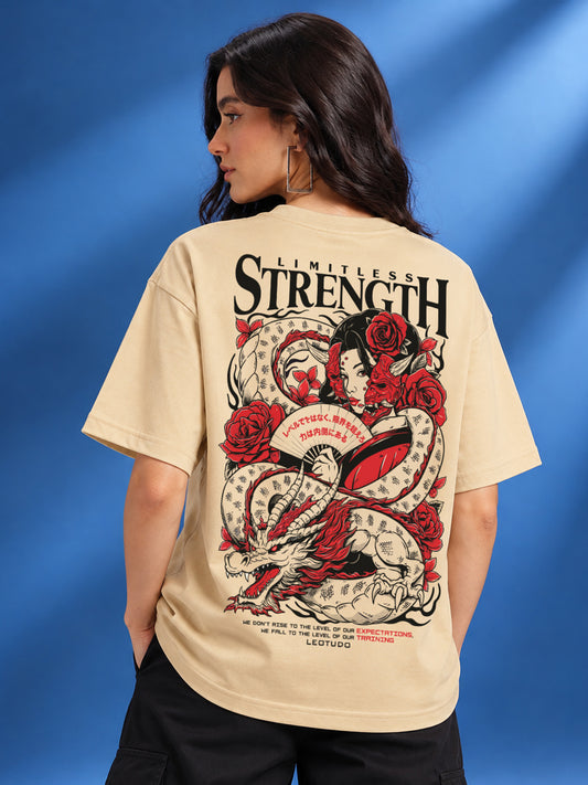 Leotude Women "Limitless Strength" Beige Oversized T-Shirt