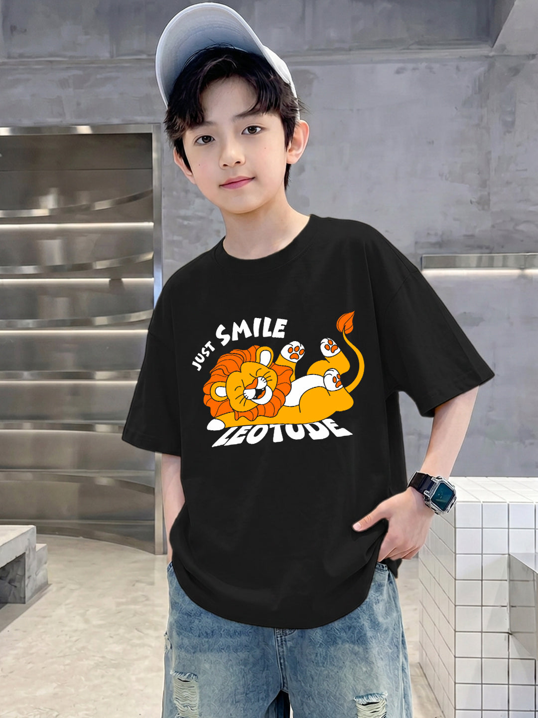 Leotude Boys' Black Just Smile Printed T-Shirt