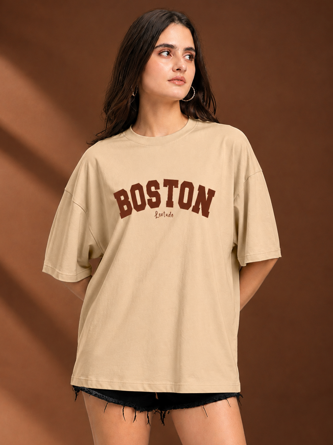 Leotude Beige Boston Printed Oversized Tshirt for Women