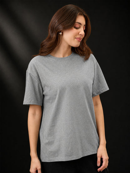 Leotude Oversized Plain T-Shirt — Women's Solid Cotton Drop-Shoulder Tee - Gray