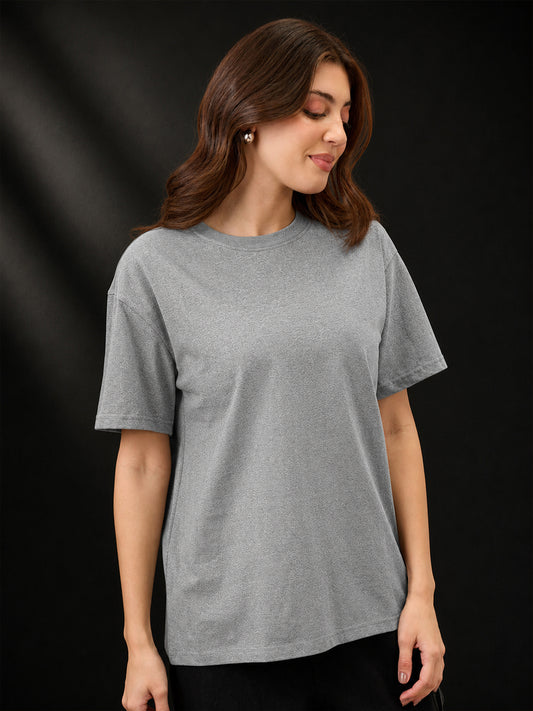 Leotude Oversized Plain T-Shirt — Women's Solid Cotton Drop-Shoulder Tee - Gray