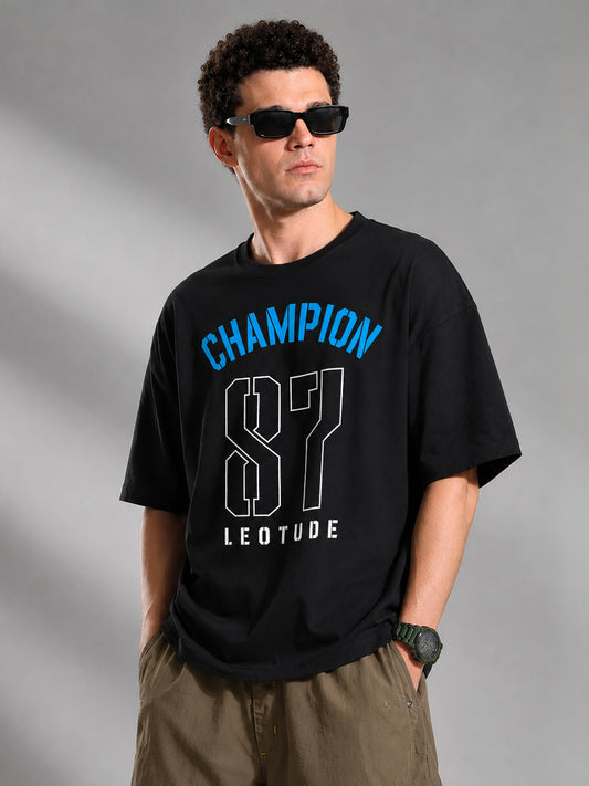 Leotude Men's "Champion 87" Printed Oversized T-Shirt — Black Streetwear Tee