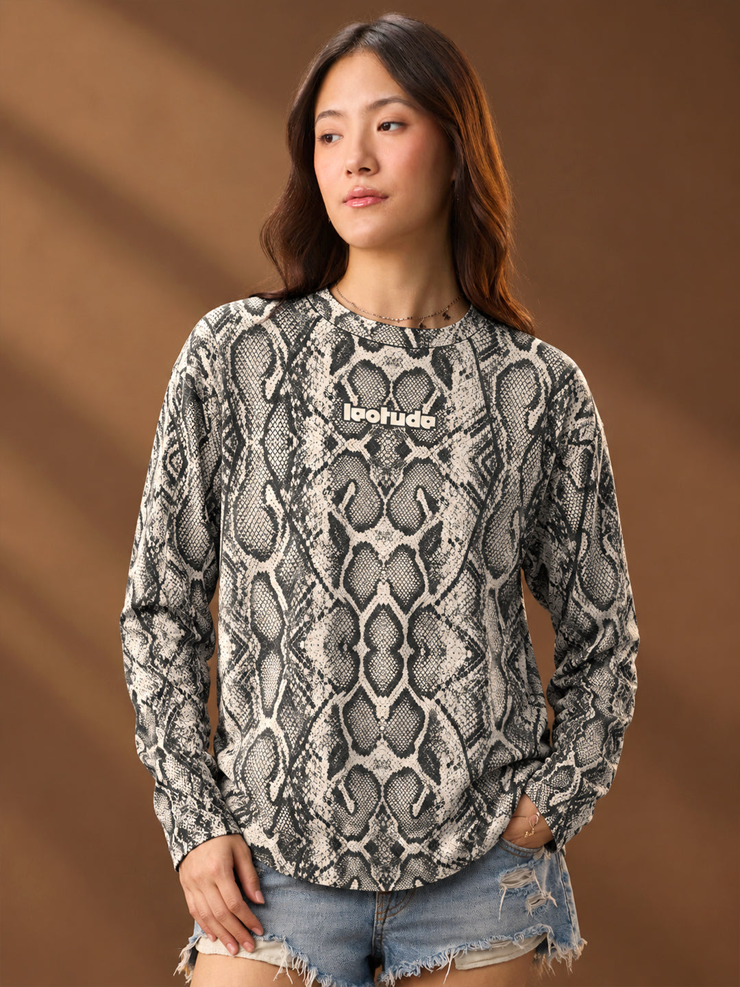 Leotude Women's Grey Snakeskin Print Oversized Full Sleeve T-Shirt