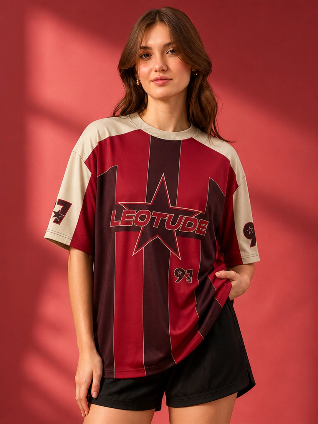 Leotude Women's Maroon Star 91 Printed T-Shirt